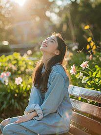 女孩坐在长椅上享受阳光高清图片