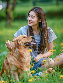 女人在公园跟狗狗玩照片