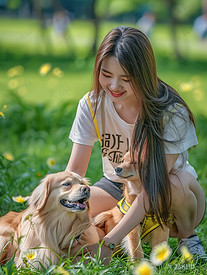 女人在公园跟狗狗玩图片