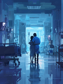 医生的中段拥抱医院的开门看到的小病人