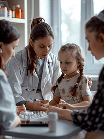 保健 儿童医疗女医生给住院的小女孩吃药水