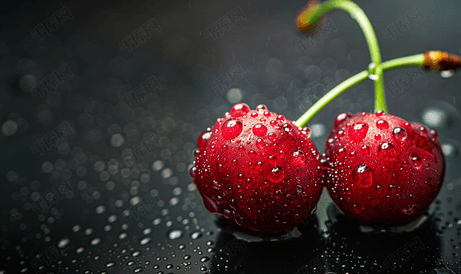 黑色背景中分离出两个果皮上有水滴的樱桃浆果