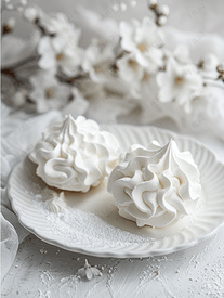 白色盘子上放着两个雪白的蛋白饼漂亮的白色蛋糕