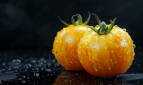 黑色背景中果皮上滴着水的美丽黄色西红柿