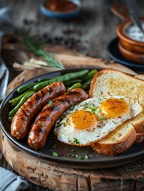早餐包括鸡蛋烤香肠青豆和木质背景的烤面包