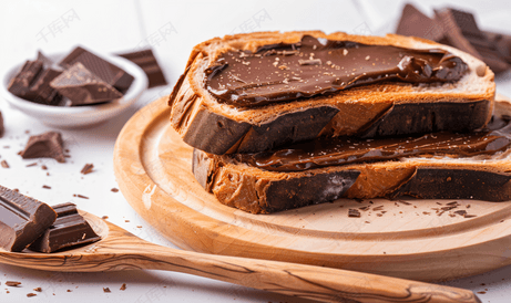 烤切片面包涂有巧克力酱和白色背景中突显的木铲