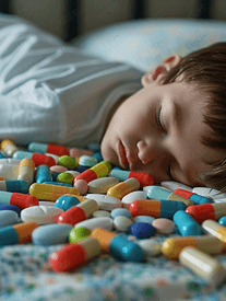 睡眠儿童背景上的药品和安眠药