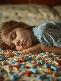 睡眠儿童背景上的药品和安眠药