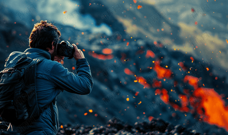 游客在埃特纳火山斜坡上拍摄熔岩流照片