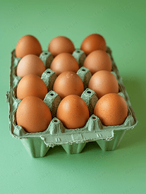 绿色纸箱中十几个棕色鸡蛋的孤立照片