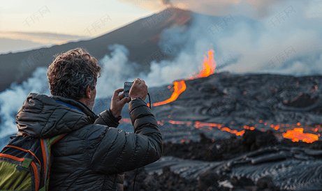 游客在埃特纳火山斜坡上拍摄熔岩流照片