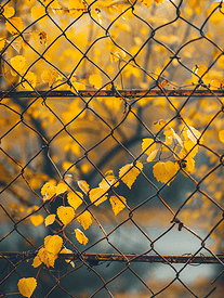 背景中散焦的旧生锈铁网围栏上面有黄树