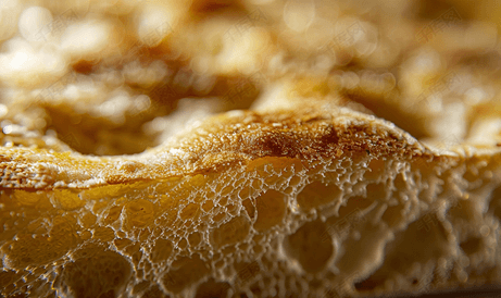 从低角度拍摄的美味酥脆烤面包皮的宏观照片