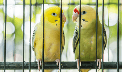 笼子里的一对小鹦鹉白鹦鹉和黄鹦鹉