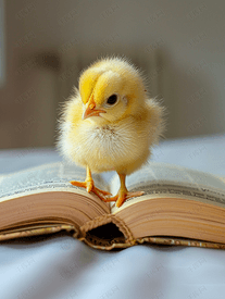 一只小黄嘴鸡坐在一本打开的外语词典上
