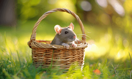 阳光明媚的夏日宠物鼠小飞象坐在公园草地上的柳条篮里