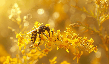 秋日傍晚北方纸蜂为一朵黄花野花授粉