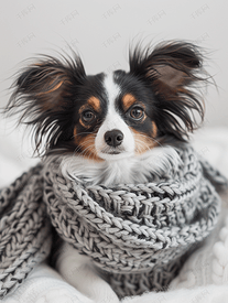 浅色背景中戴着灰色针织围巾的可爱巴比龙小狗的肖像