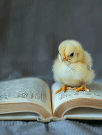 一只小黄嘴鸡坐在一本打开的外语词典上