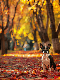 波士顿梗犬在秋天美丽的红黄色公园里
