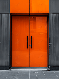 通往大楼的橙色门办公室入口处带玻璃的门