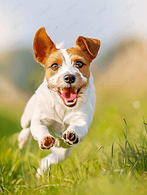 快乐的狗在草地上奔跑脸上挂着快乐的笑脸