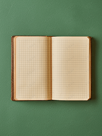 打开笔记本一本在绿色背景顶视图上有空白和空白页的书