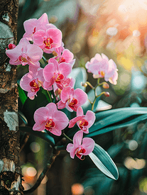 树上美丽的粉红色兰花花束的特写柔和而有选择性的焦点