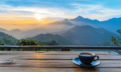 山丘背景木吧台上的黑咖啡