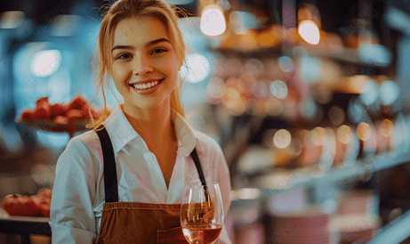 开朗的年轻女服务员手里拿着一杯葡萄酒脸上带着微笑