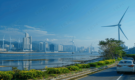 韩国仁川和西区的景观和风力发电厂