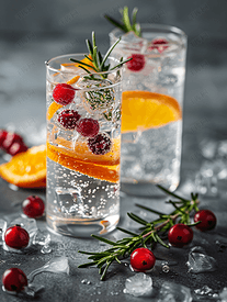 桌上玻璃杯中的硬苏打水酒精鸡尾酒配有橙色浆果和迷迭香