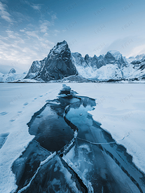 冬天挪威罗弗敦群岛布森的岩石破冰而裂