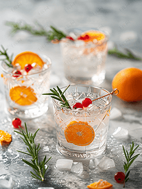 桌上玻璃杯中的硬苏打水酒精鸡尾酒配有橙色浆果和迷迭香