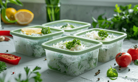 素食绿色餐食准备容器内含米饭和蔬菜