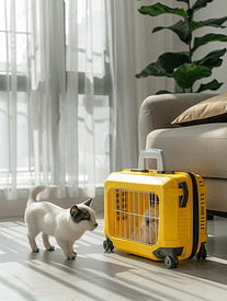 家庭复印空间地板上的塑料宠物载体或宠物笼和黄色手提箱