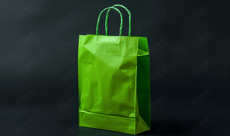 黑色背景上的普通绿色纸袋包装带复制空间