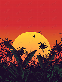 红色日落背景与植物的轮廓