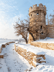 阿塞拜疆巴库处女塔在冬天的雪中