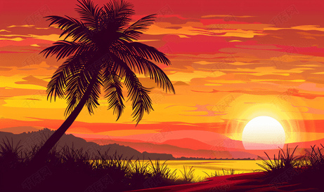日落背景下的棕榈树剪影