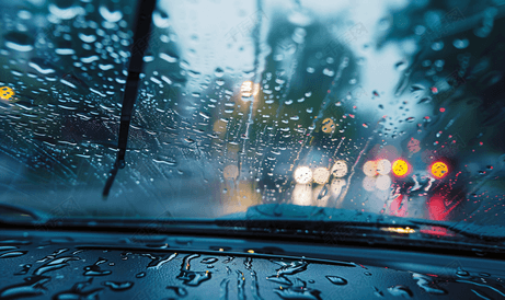 大雨打在汽车挡风玻璃雨刷上