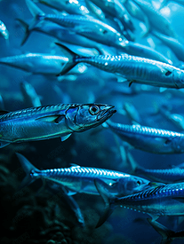 梭鱼群在深蓝色的大海中近距离