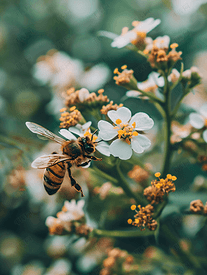 花园中的蜜蜂和带有黄色花粉的小白花