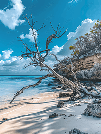 半月礁岛岩石海滩有一棵倒下的树