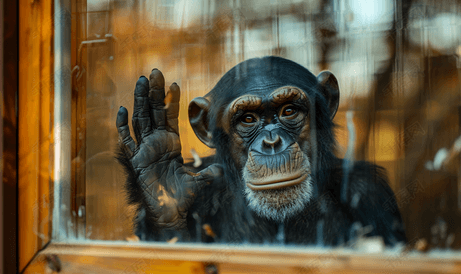 玻璃窗后面的猿黑猩猩猴子