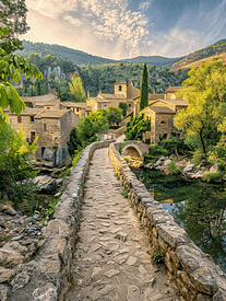 从一座古老的石桥上看到的中世纪村庄的景观