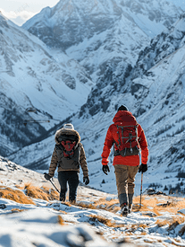 两个朋友在山里徒步旅行时在阿尔卑斯山附近散步