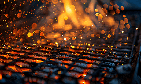 夜间烧烤架上燃烧煤余烬木的金属网