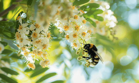 熊蜂在白色金合欢树上采集花粉的特写