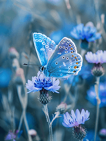 张开翅膀的蓝蝴蝶坐在矢车菊上